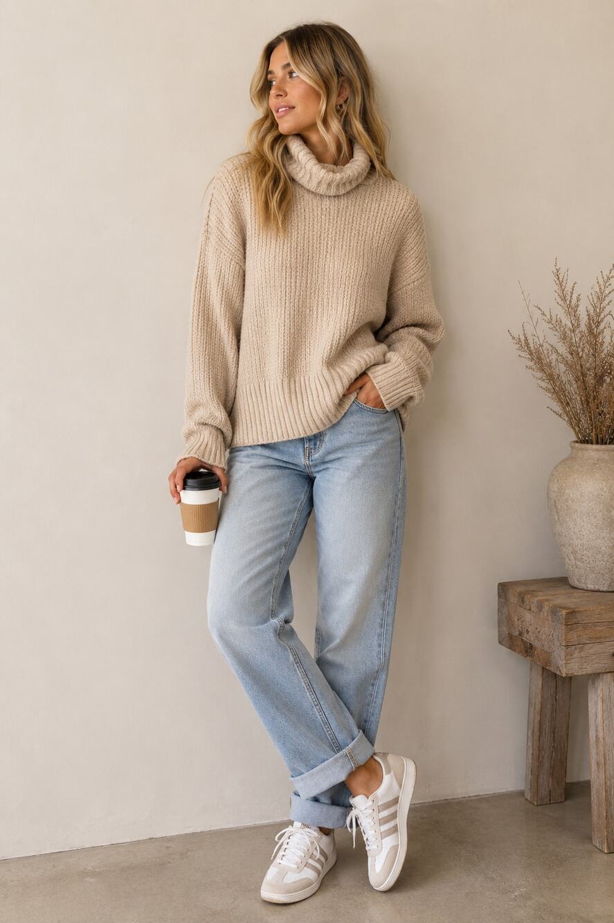 Cupcakes & Cashmere Tan Chunky Knit Turtleneck Sweater Womens S Preppy Oatmeal
